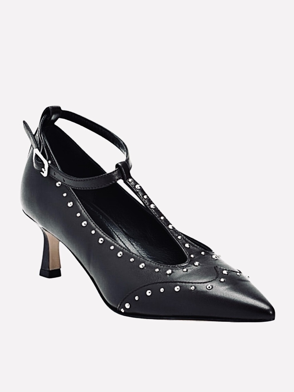 NEW Napoleoni studded T-strap pointed toe black leather pumps
